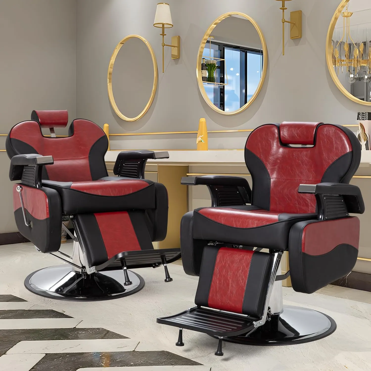 Barber Salon Hair Chairs for Barbershop, Heavy Duty Hydraulic Barber Chair 360° Swivel Reclining, Adjustable PU Leather Beauty Salon Chair for Barbershop Spa Black/Red