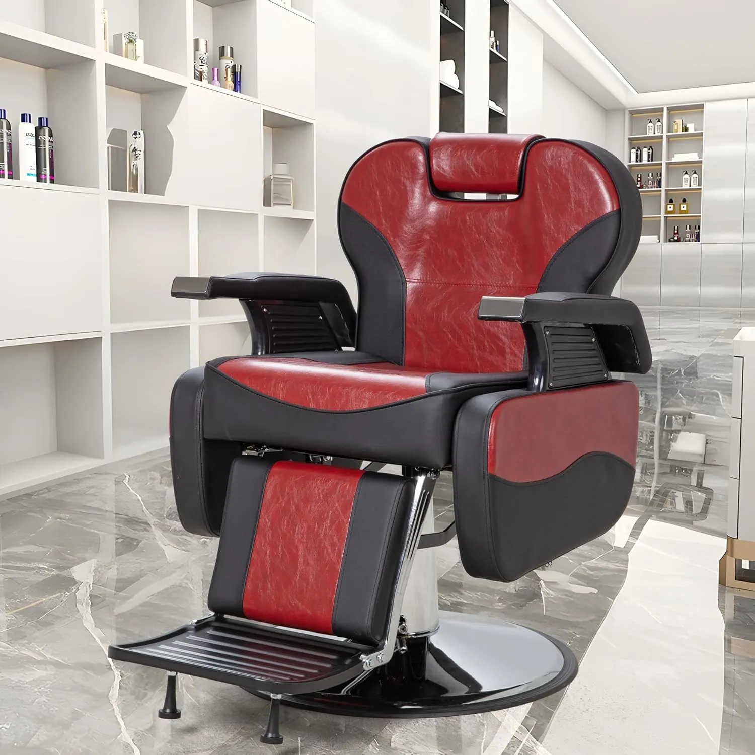 Barber Salon Hair Chairs for Barbershop, Heavy Duty Hydraulic Barber Chair 360° Swivel Reclining, Adjustable PU Leather Beauty Salon Chair for Barbershop Spa Black/Red