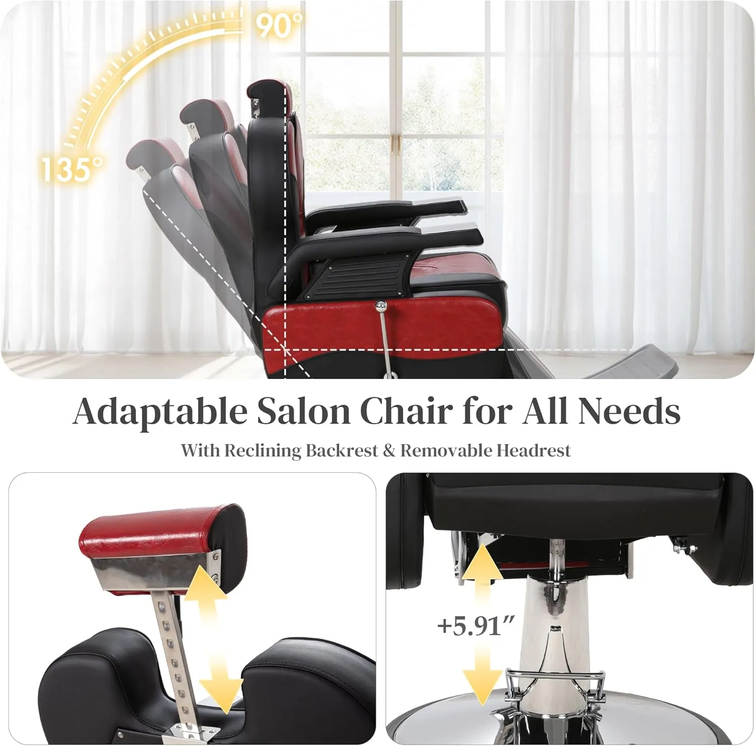 Barber Salon Hair Chairs for Barbershop, Heavy Duty Hydraulic Barber Chair 360° Swivel Reclining, Adjustable PU Leather Beauty Salon Chair for Barbershop Spa Black/Red