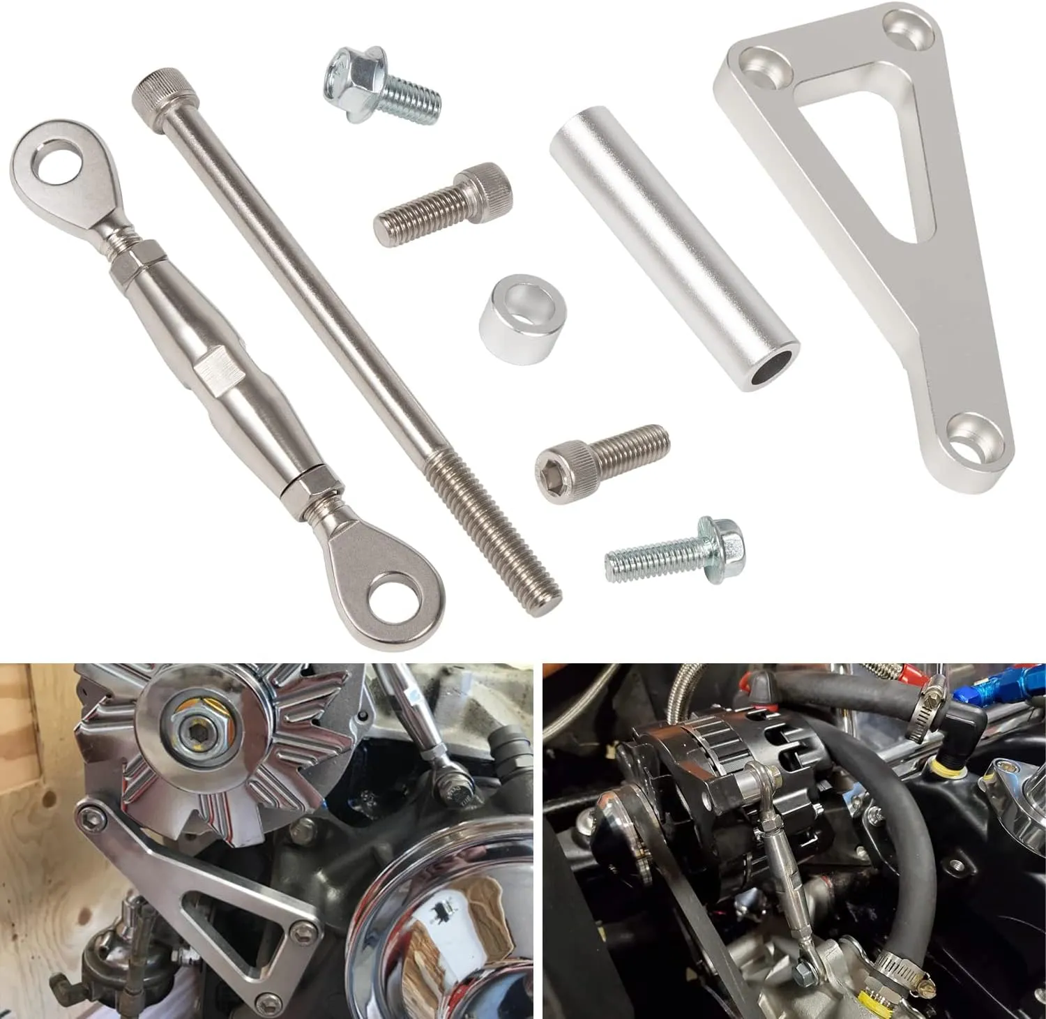 Billet Alternator Bracket Adjustable Kit for Chevy SBC 305 327 350 383 5.0L 5.7L V8 Eight Cylinder Long Water Pump Polished Aluminum for Chevy Small Block Engine