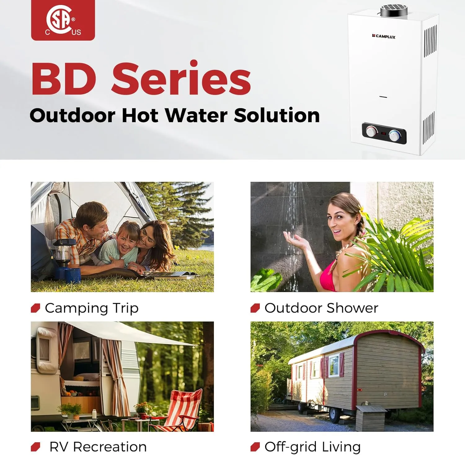 CAMPLUX 2.64 GPM Tankless Propane Water Heater, Portable Water Heater Outdoor with Overheating Protection, for Camping, Cabins, Barns, Easy Installation, 68,000 BTU, BD264