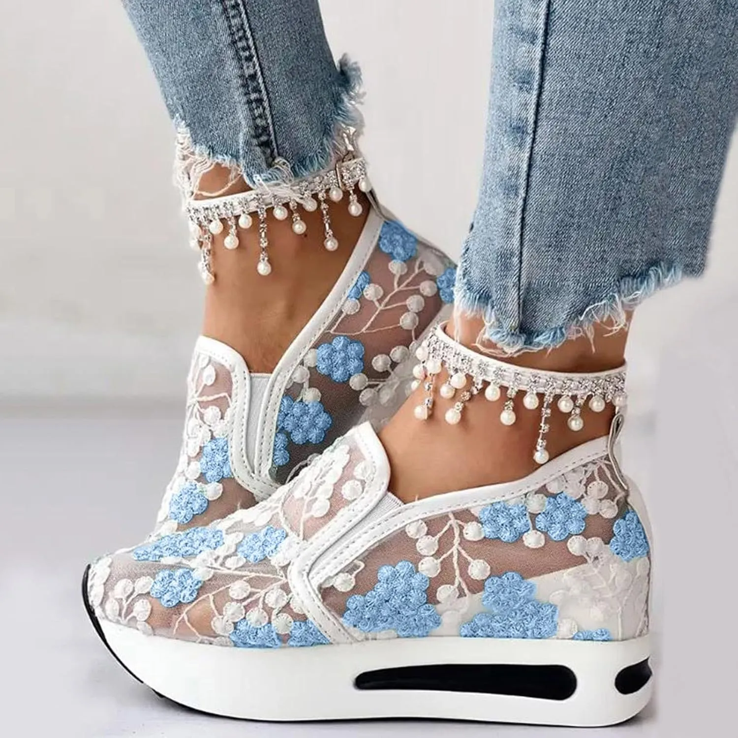 Cathalem Womens Orthopedic Sneakers Floral Embroidery Breathable Sheer Mesh Wedge Sneakers Slip On Platform Wedge Sneakers