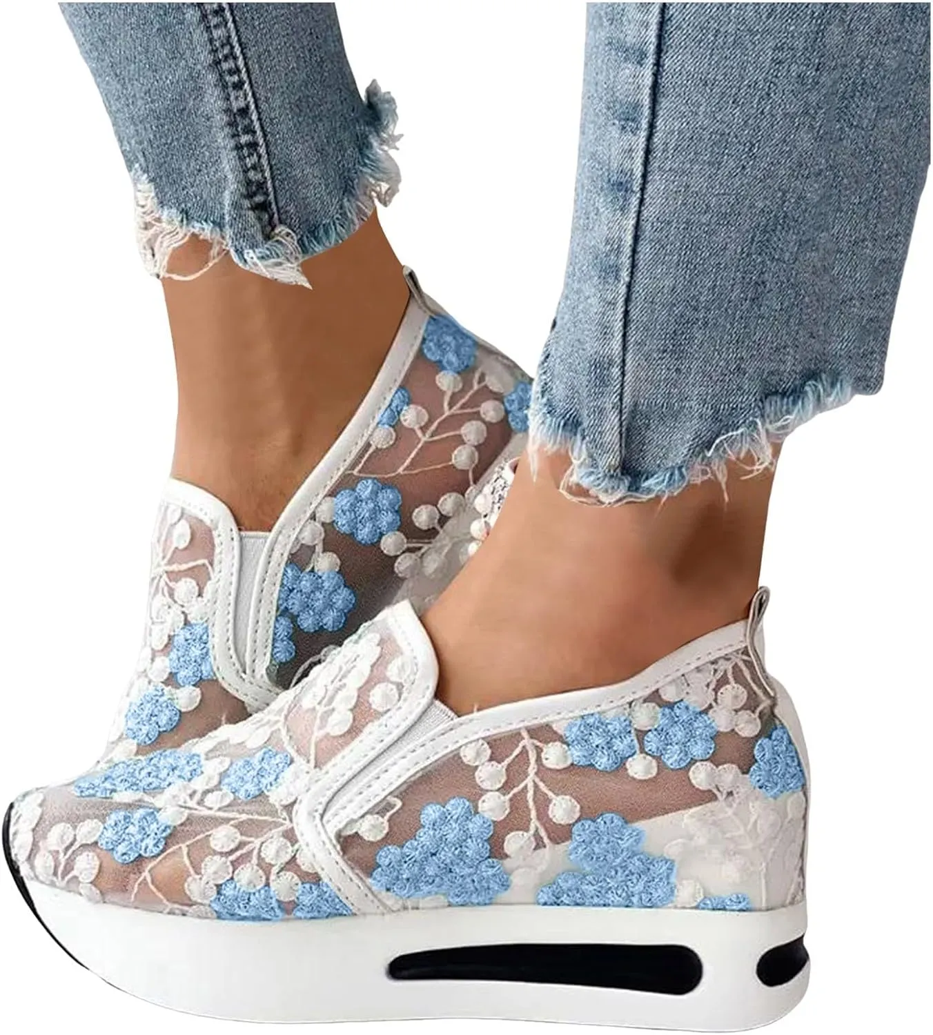 Cathalem Womens Orthopedic Sneakers Floral Embroidery Breathable Sheer Mesh Wedge Sneakers Slip On Platform Wedge Sneakers