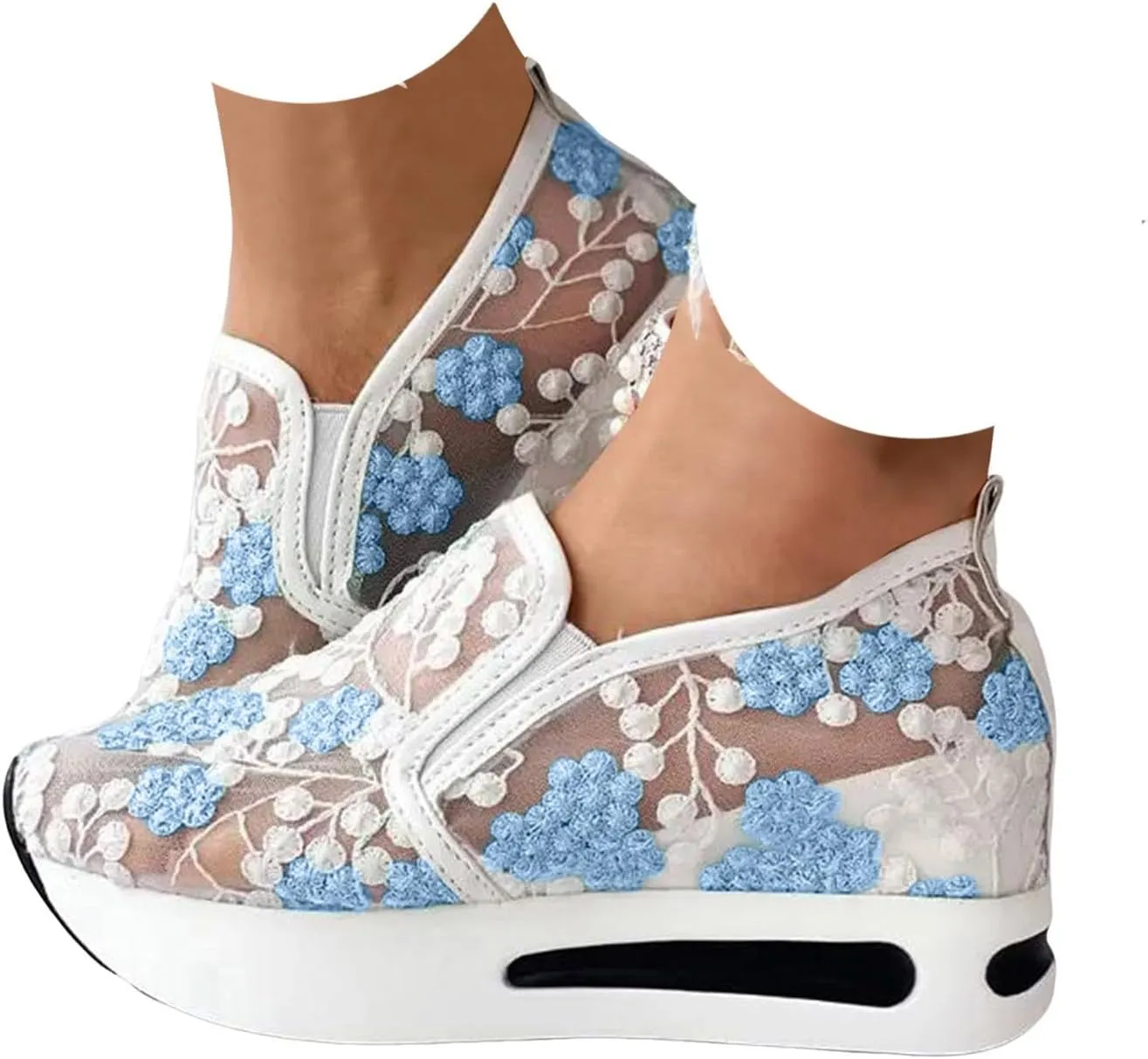 Cathalem Womens Orthopedic Sneakers Floral Embroidery Breathable Sheer Mesh Wedge Sneakers Slip On Platform Wedge Sneakers