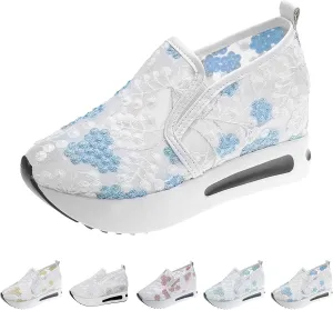 Cathalem Womens Orthopedic Sneakers Floral Embroidery Breathable Sheer Mesh Wedge Sneakers Slip On Platform Wedge Sneakers
