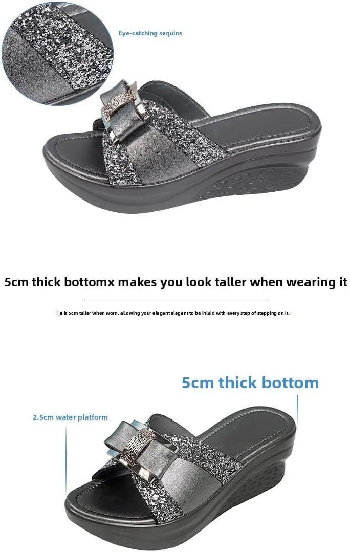 Cool slippers women's summer wear fashion 2025 new wedge heel bow fish mouth one-word slippers women's mother shoes,skin-friendly, breathable and comfortable