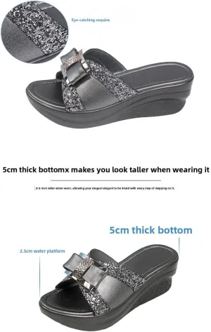 Cool slippers women's summer wear fashion 2025 new wedge heel bow fish mouth one-word slippers women's mother shoes,skin-friendly, breathable and comfortable