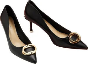 C.Paravano Women's Metal Buckle Stiletto Pumps-Professional Business Meeting Shoes with Metal Accents&Chic Pointed Toe Design,All-Day Comfort Heels for Office Workdays(Black,Size 11.5)