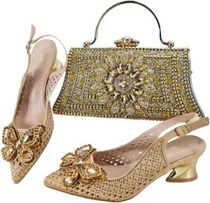 Durable Slingback Block Heel Sandals and Shiny Metallic Shoulder Bag Set for Ladies Cocktail Parties Travel
