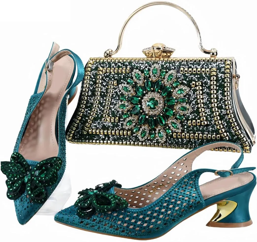 Durable Slingback Block Heel Sandals and Shiny Metallic Shoulder Bag Set for Ladies Cocktail Parties Travel