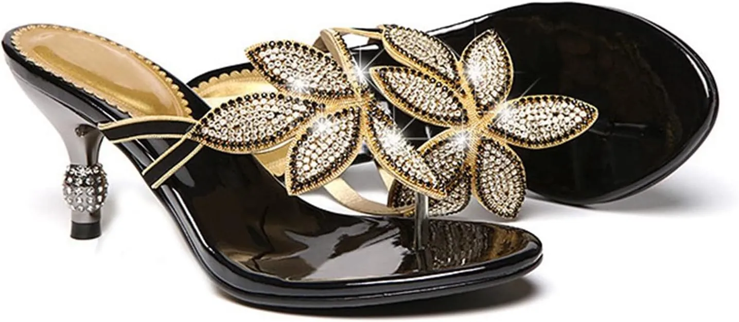 EFTCAL Women's Flower Rhinestone High Heel Thong Flip-Flops Sandals, Bohemian Party Dinner Dressy Stiletto Sandals,Slip On Kitten Mid Heeled Sandals