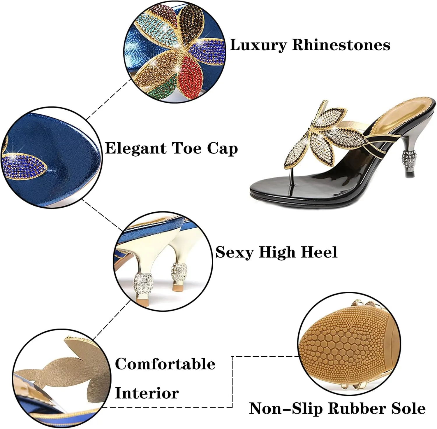 EFTCAL Women's Flower Rhinestone High Heel Thong Flip-Flops Sandals, Bohemian Party Dinner Dressy Stiletto Sandals,Slip On Kitten Mid Heeled Sandals