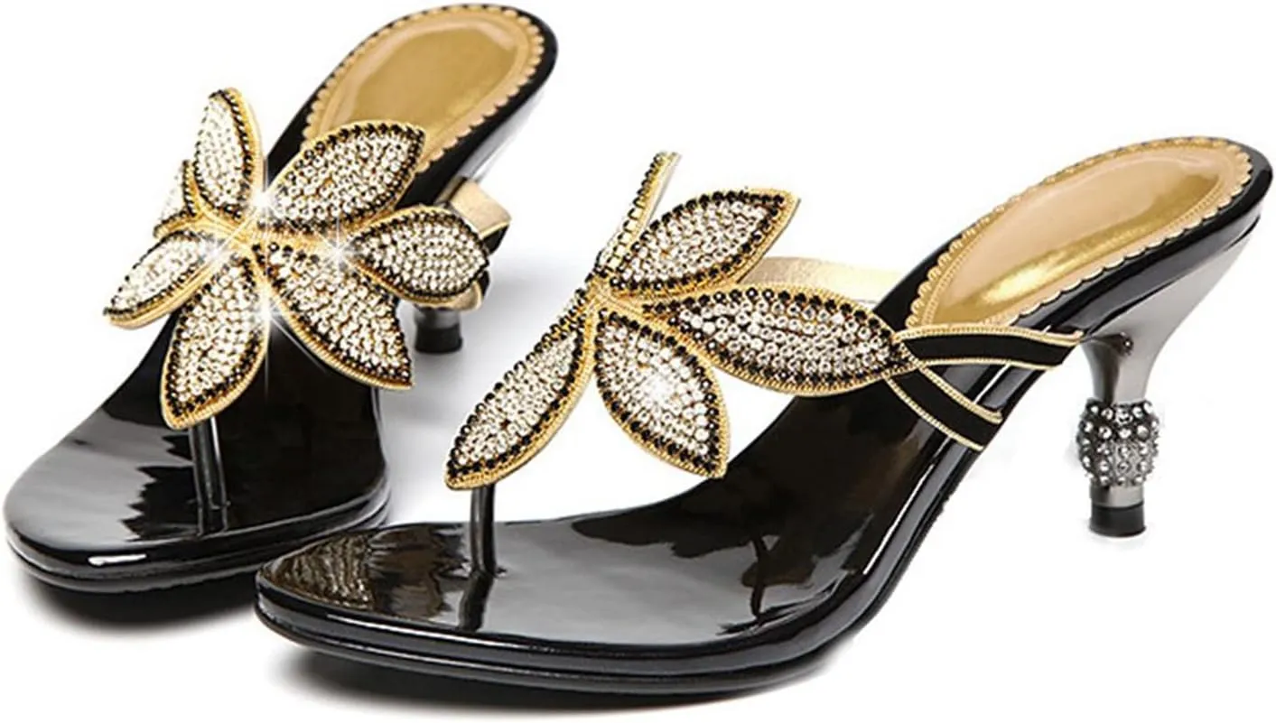EFTCAL Women's Flower Rhinestone High Heel Thong Flip-Flops Sandals, Bohemian Party Dinner Dressy Stiletto Sandals,Slip On Kitten Mid Heeled Sandals