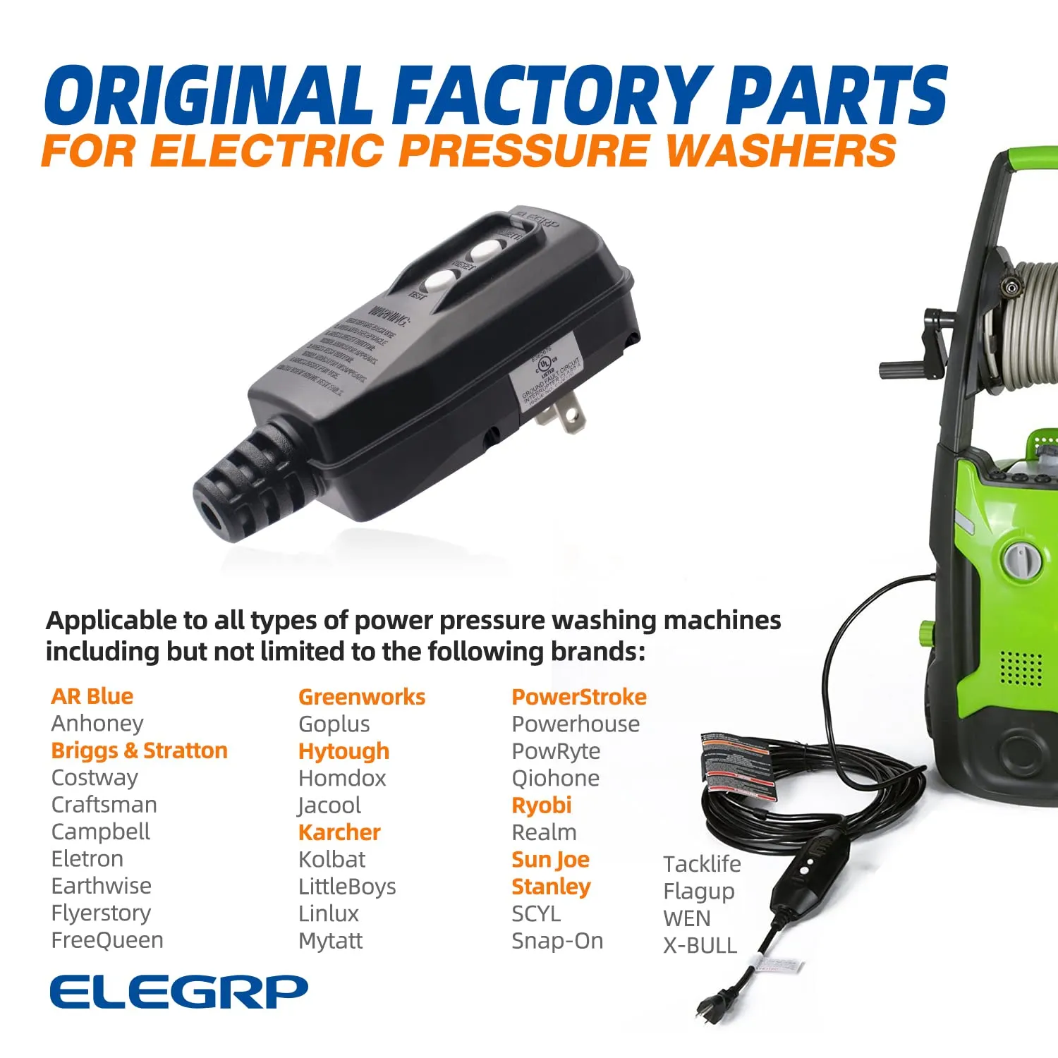ELEGRP G1215PA2 G20PASR Patented Auto-Monitoring GFCI Replacement Plug Assembly, Auto Reset 15 Amp Non-Grounded 2 Wires 2-Prongs for Power Pressure Washer, Pool Pump, UL/CUL Listed, 1 Pack, Black