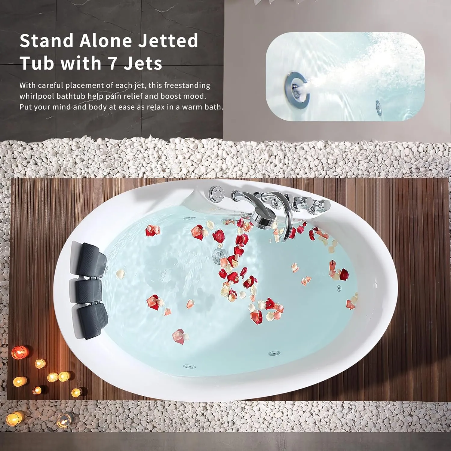 Empava 67 Inch Freestanding Whirlpool Tub -Hydromassage Gracefully Oval Shaped Stand Alone Jetted Bathtub with 7 Hydromassage Nozzles, Boat Shape, Hydromassage, Acrylic,ETL Certified