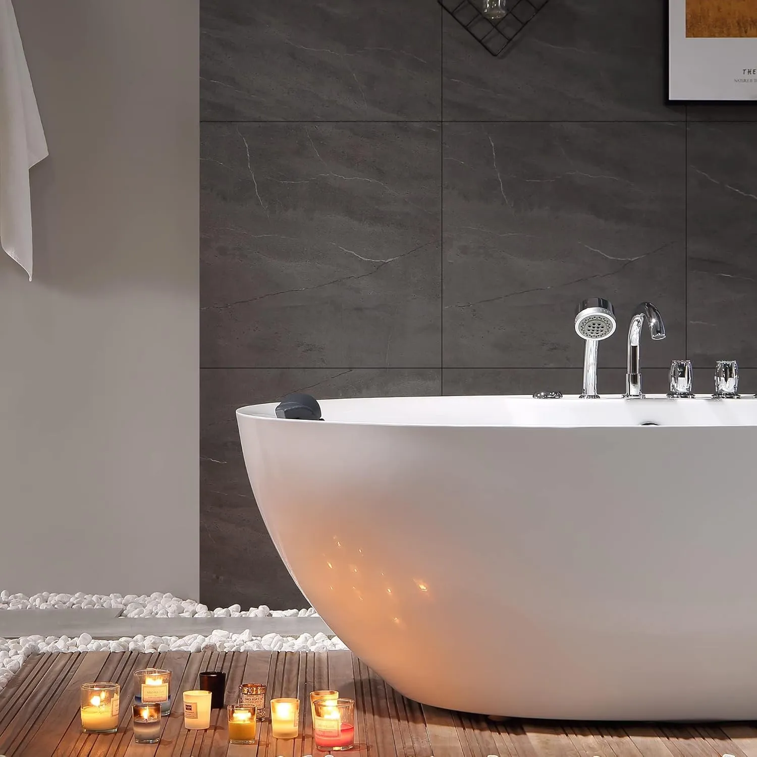 Empava 67 Inch Freestanding Whirlpool Tub -Hydromassage Gracefully Oval Shaped Stand Alone Jetted Bathtub with 7 Hydromassage Nozzles, Boat Shape, Hydromassage, Acrylic,ETL Certified