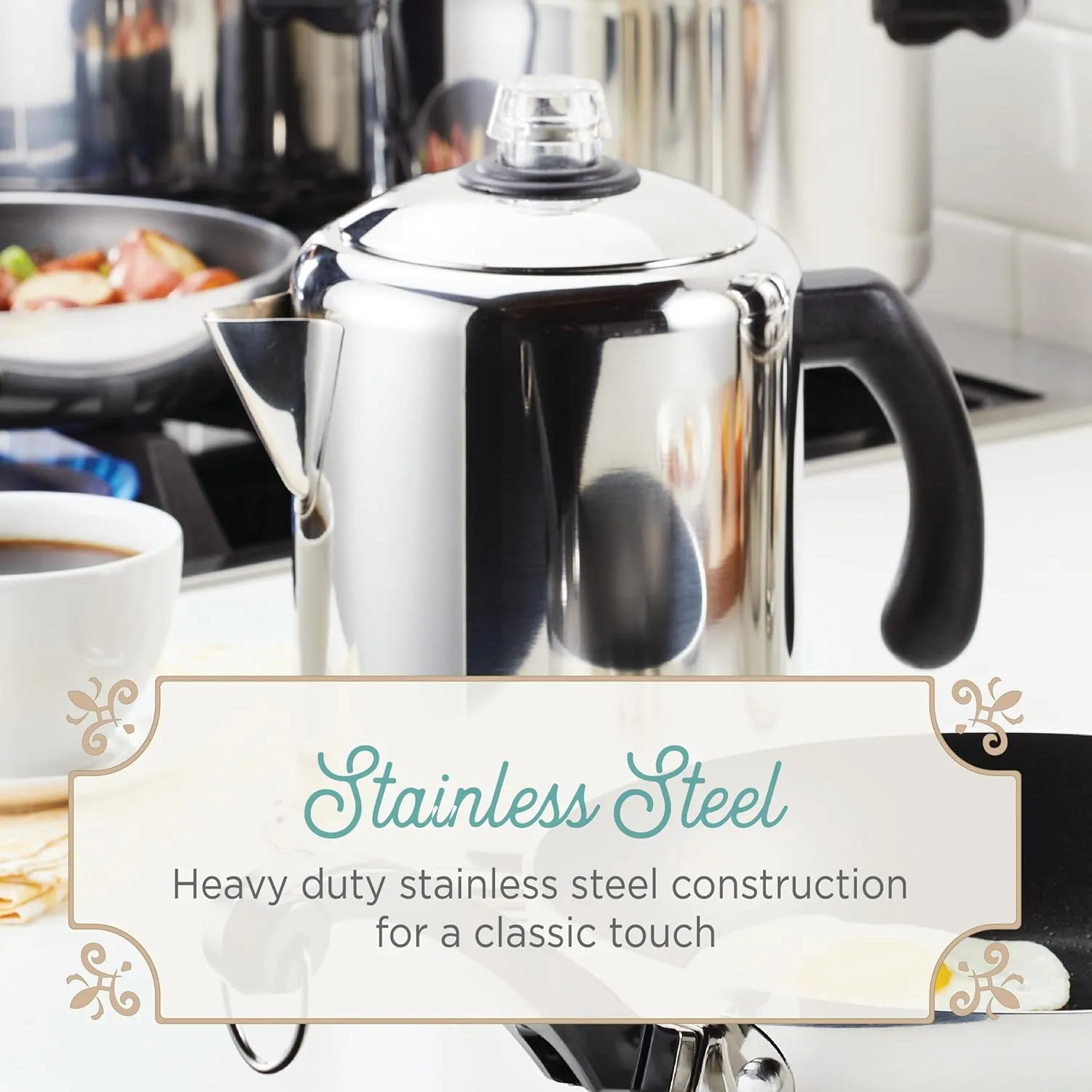 Farberware 50124 Classic Yosemite Stainless Steel Coffee Percolator - 8 Cup, Silver,Stovetop