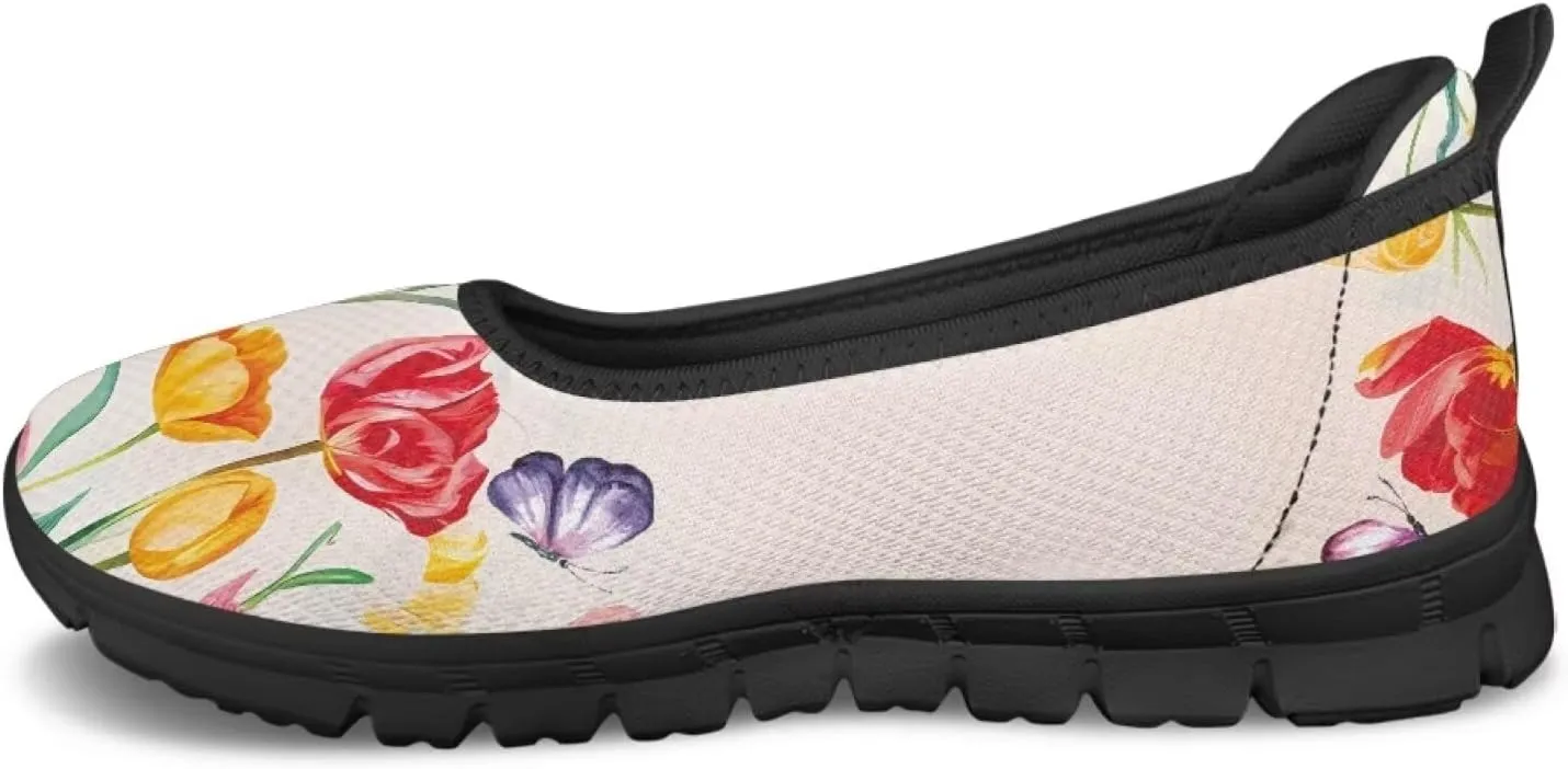Flower Pattern Shoes for Women Slip On Loafer Flats Mesh Walking Shoes for Ballet Nurse Work Comfortable Everyday Wear