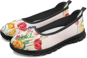 Flower Pattern Shoes for Women Slip On Loafer Flats Mesh Walking Shoes for Ballet Nurse Work Comfortable Everyday Wear