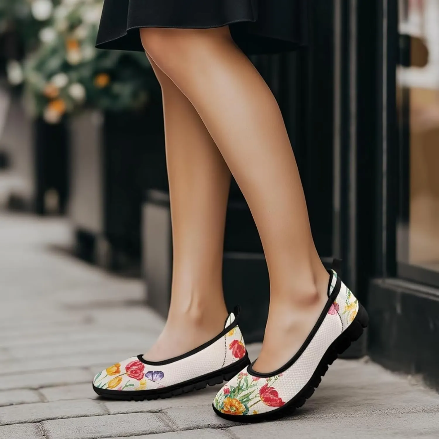 Flower Pattern Shoes for Women Slip On Loafer Flats Mesh Walking Shoes for Ballet Nurse Work Comfortable Everyday Wear