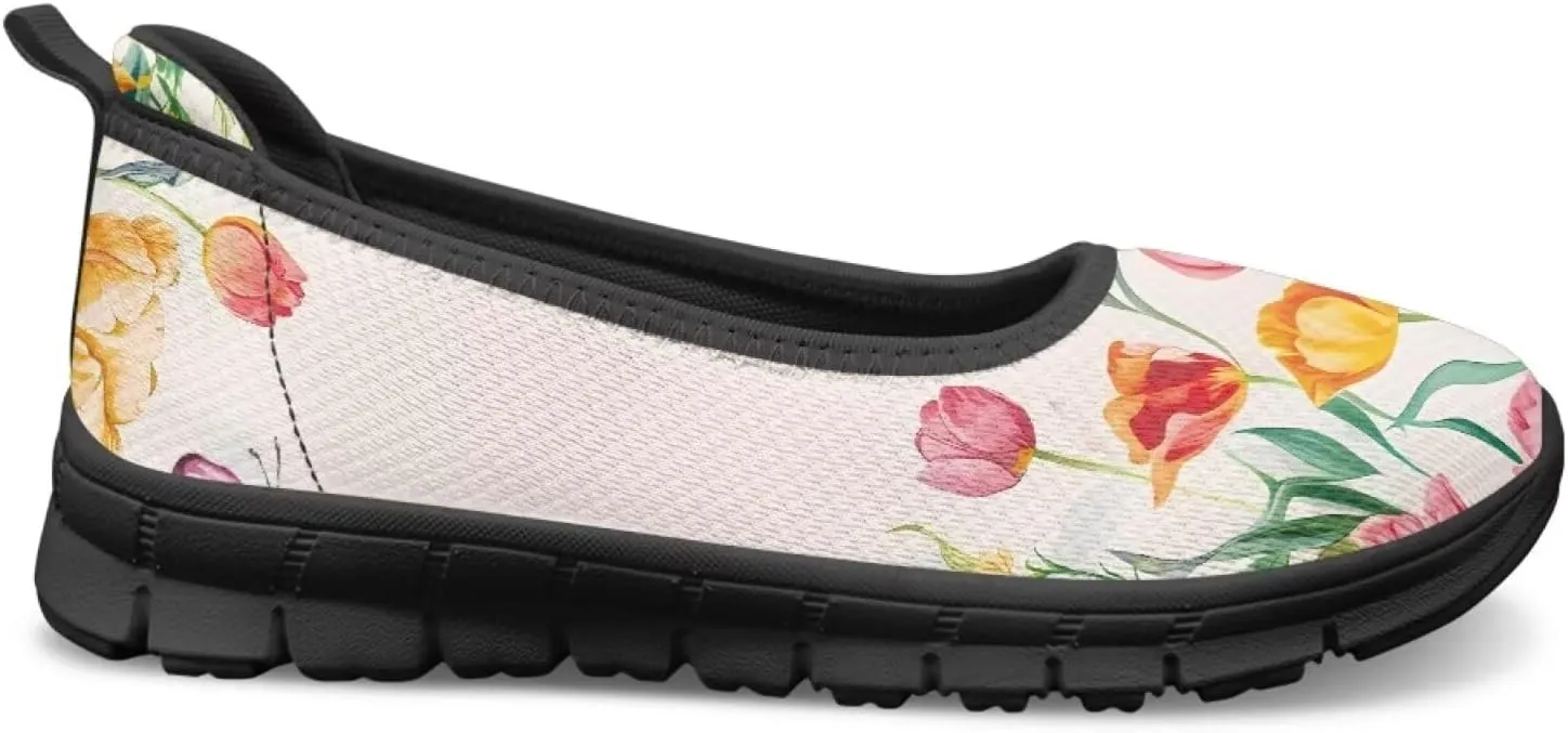 Flower Pattern Shoes for Women Slip On Loafer Flats Mesh Walking Shoes for Ballet Nurse Work Comfortable Everyday Wear
