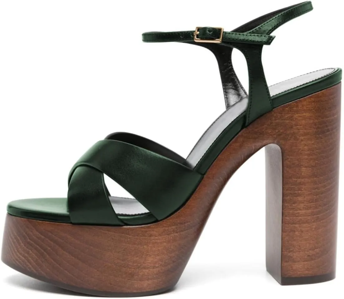FSJ Women Chunky Block High Heel Platform Open Toe Sandals Ankle Strap Buckle Comfortable Wooden Heel Prom Party Brunch Dress Shoes Size 4-16 US