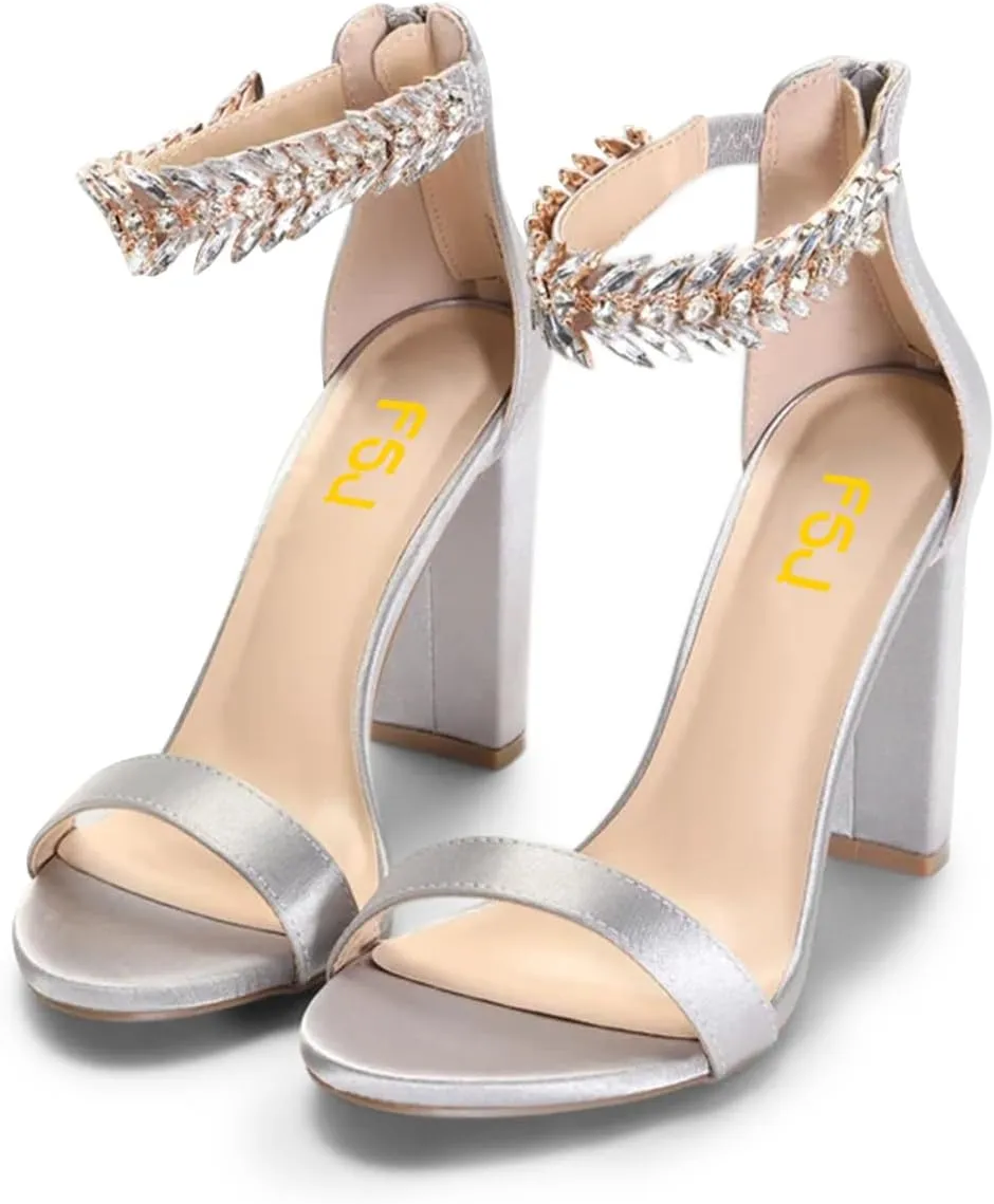 FSJ Women Classic Open Toe Chunky High Heel Sandal Embellished Crystal Ankle Strap Back Zipper Evening Pumps Dress Shoes Size 4-15 US