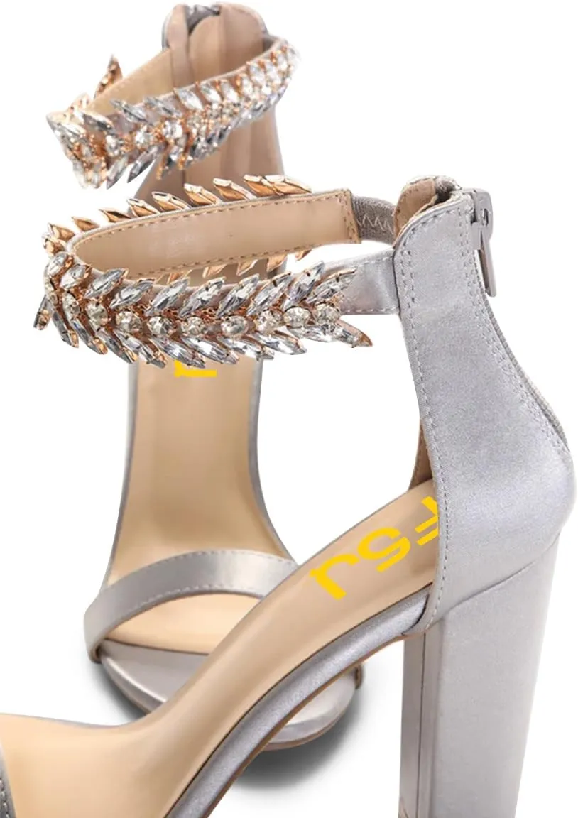 FSJ Women Classic Open Toe Chunky High Heel Sandal Embellished Crystal Ankle Strap Back Zipper Evening Pumps Dress Shoes Size 4-15 US