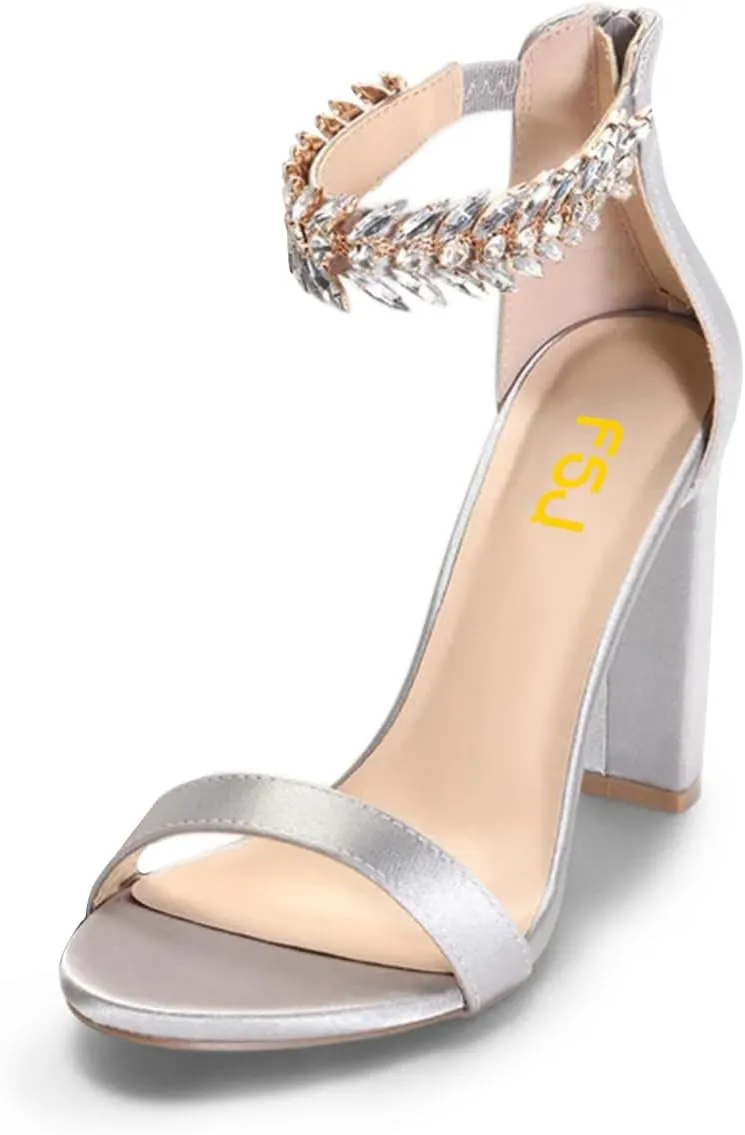 FSJ Women Classic Open Toe Chunky High Heel Sandal Embellished Crystal Ankle Strap Back Zipper Evening Pumps Dress Shoes Size 4-15 US