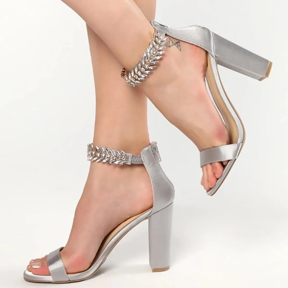 FSJ Women Classic Open Toe Chunky High Heel Sandal Embellished Crystal Ankle Strap Back Zipper Evening Pumps Dress Shoes Size 4-15 US