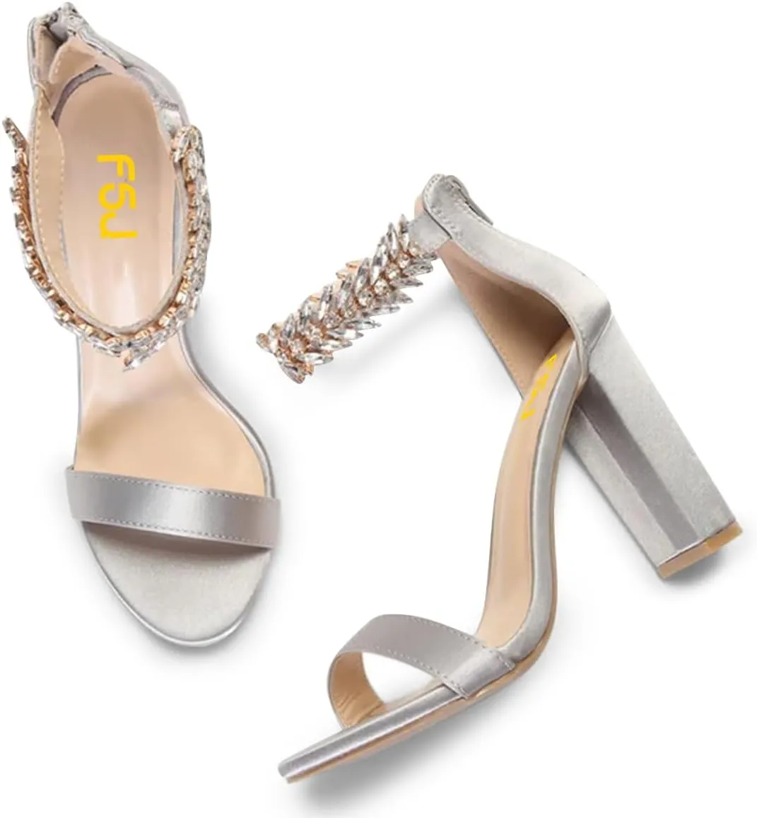 FSJ Women Classic Open Toe Chunky High Heel Sandal Embellished Crystal Ankle Strap Back Zipper Evening Pumps Dress Shoes Size 4-15 US