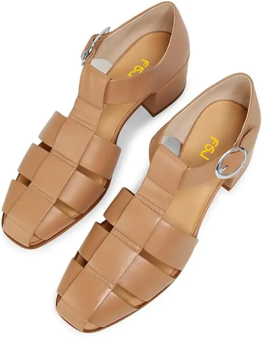 FSJ Women Closed Toe Low Chunky Heel Fisherman Sandals Hollow Cage Roman Gladiator Sandals Comfortable Ankle Strap Summer Daily Shoes Size 4-16 US