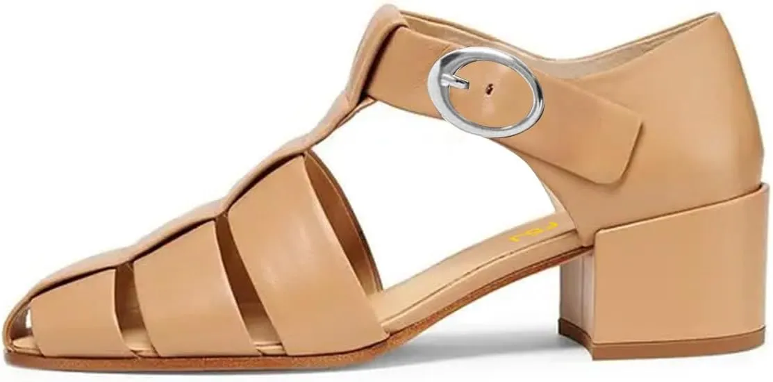 FSJ Women Closed Toe Low Chunky Heel Fisherman Sandals Hollow Cage Roman Gladiator Sandals Comfortable Ankle Strap Summer Daily Shoes Size 4-16 US