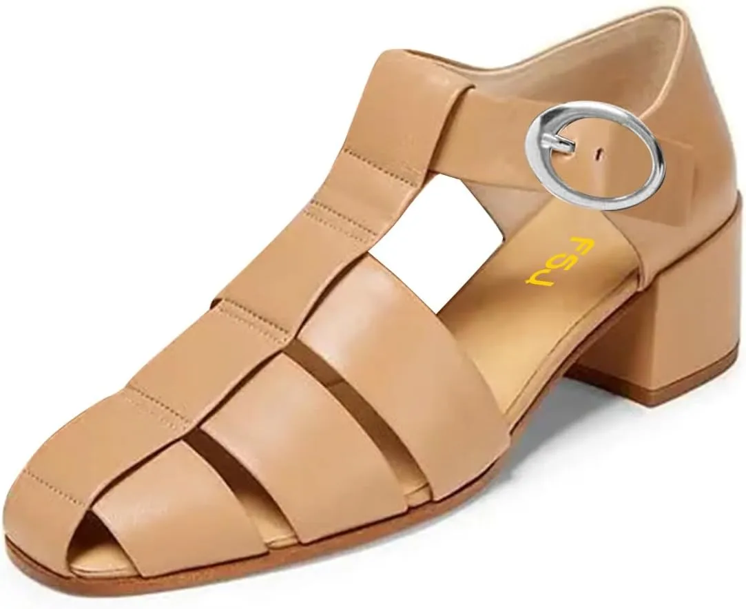 FSJ Women Closed Toe Low Chunky Heel Fisherman Sandals Hollow Cage Roman Gladiator Sandals Comfortable Ankle Strap Summer Daily Shoes Size 4-16 US