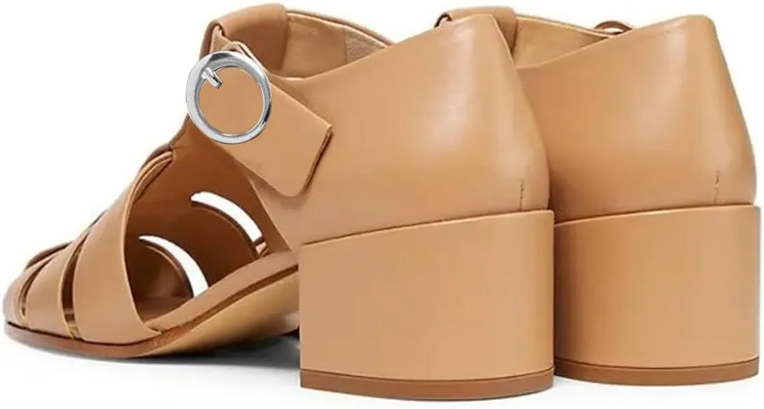 FSJ Women Closed Toe Low Chunky Heel Fisherman Sandals Hollow Cage Roman Gladiator Sandals Comfortable Ankle Strap Summer Daily Shoes Size 4-16 US