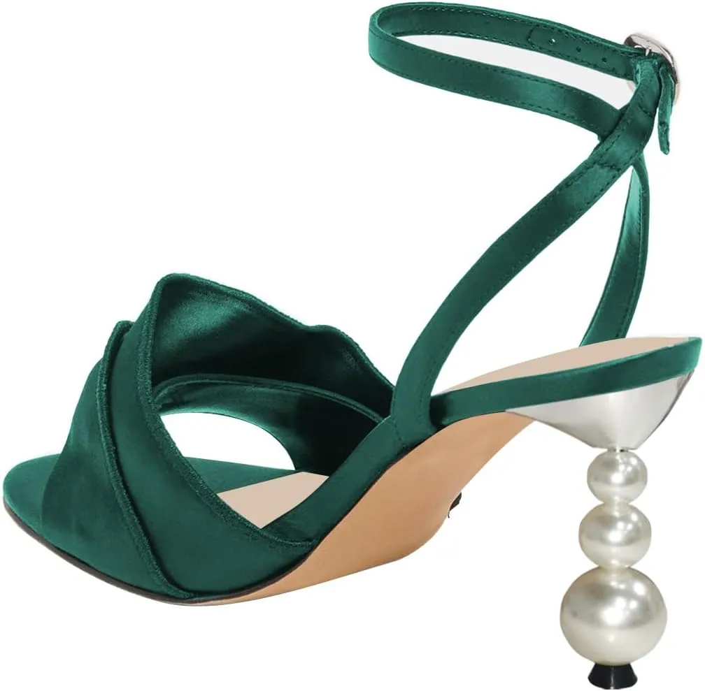 FSJ Women Cute Pearls Heeled Sandal Ankle Strap Beaded High Heel Open Toe Rippling Wedding Party Evening Dress Shoes Size 4-16 US