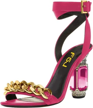FSJ Women Gold Chain Crystal Chunky Block High Heel Ankle Strap Sandals Open Toe Fashion Dress Evening Party Shoes Size 4-16 US