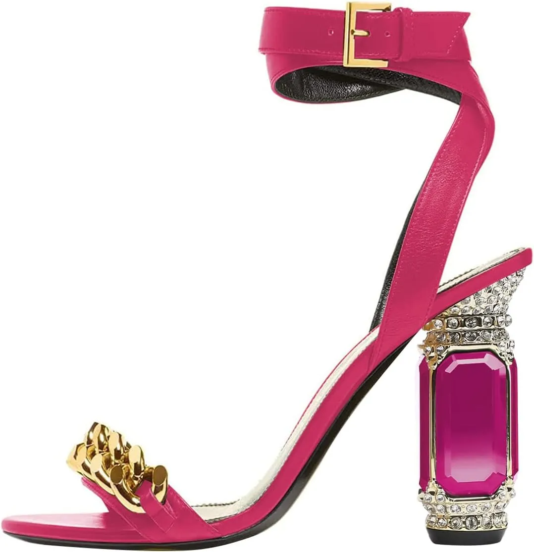 FSJ Women Gold Chain Crystal Chunky Block High Heel Ankle Strap Sandals Open Toe Fashion Dress Evening Party Shoes Size 4-16 US