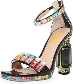 FSJ Women Gorgeous High Chunky Block Heel Jeweled Sandals Low Platform Square Open Toe Gem Ankle Strap Wedding Bridal Dress Shoes Size 4-15 US