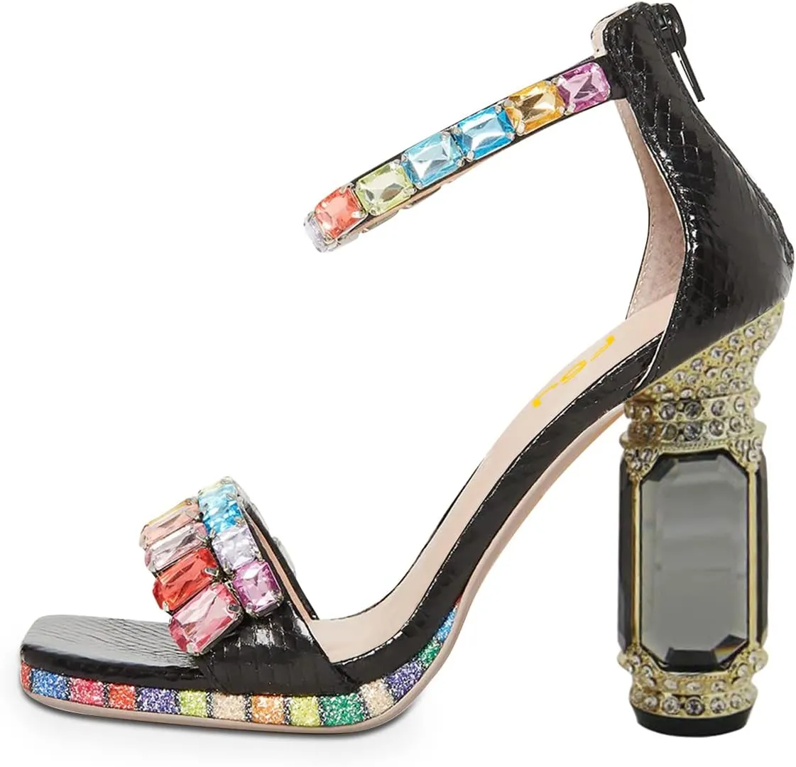 FSJ Women Gorgeous High Chunky Block Heel Jeweled Sandals Low Platform Square Open Toe Gem Ankle Strap Wedding Bridal Dress Shoes Size 4-15 US