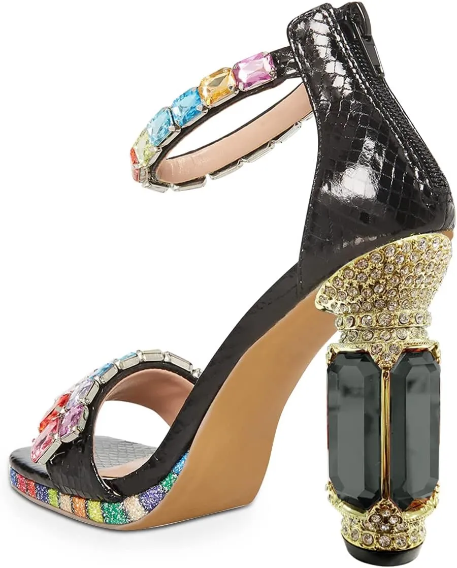 FSJ Women Gorgeous High Chunky Block Heel Jeweled Sandals Low Platform Square Open Toe Gem Ankle Strap Wedding Bridal Dress Shoes Size 4-15 US