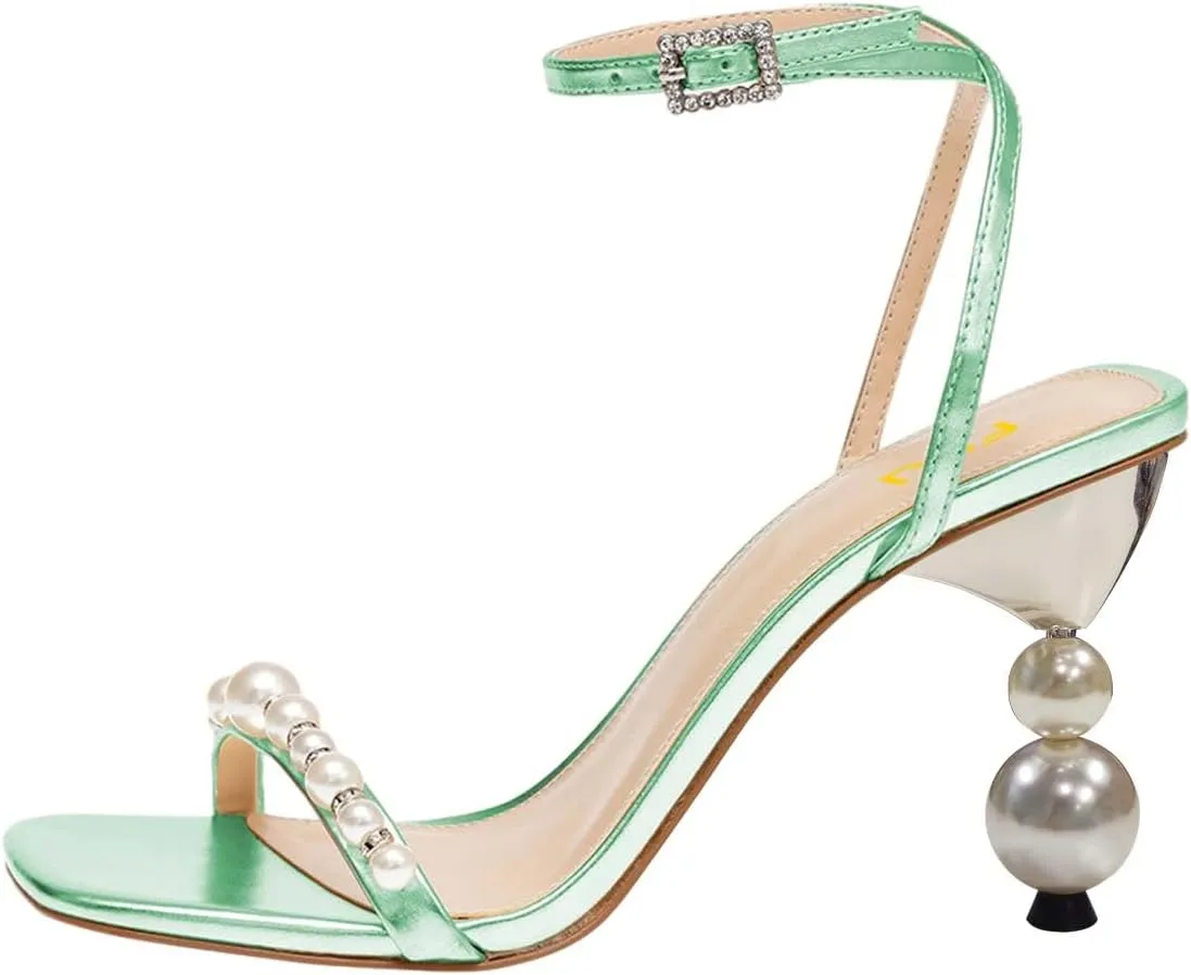 FSJ Women High Heels Sandals Open Toe Gorgeous Pearl Heel Sandals Ankle Strap with Rhinestones Buckle Fashion Pump Bridal Wedding Party Dress Shoes Size 4-16 US
