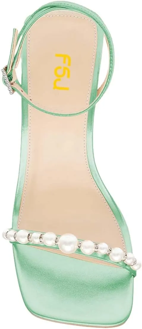 FSJ Women High Heels Sandals Open Toe Gorgeous Pearl Heel Sandals Ankle Strap with Rhinestones Buckle Fashion Pump Bridal Wedding Party Dress Shoes Size 4-16 US
