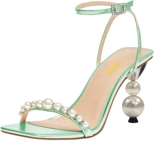 FSJ Women High Heels Sandals Open Toe Gorgeous Pearl Heel Sandals Ankle Strap with Rhinestones Buckle Fashion Pump Bridal Wedding Party Dress Shoes Size 4-16 US