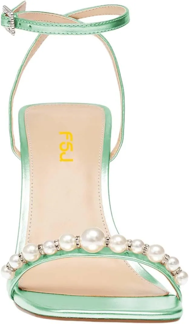 FSJ Women High Heels Sandals Open Toe Gorgeous Pearl Heel Sandals Ankle Strap with Rhinestones Buckle Fashion Pump Bridal Wedding Party Dress Shoes Size 4-16 US