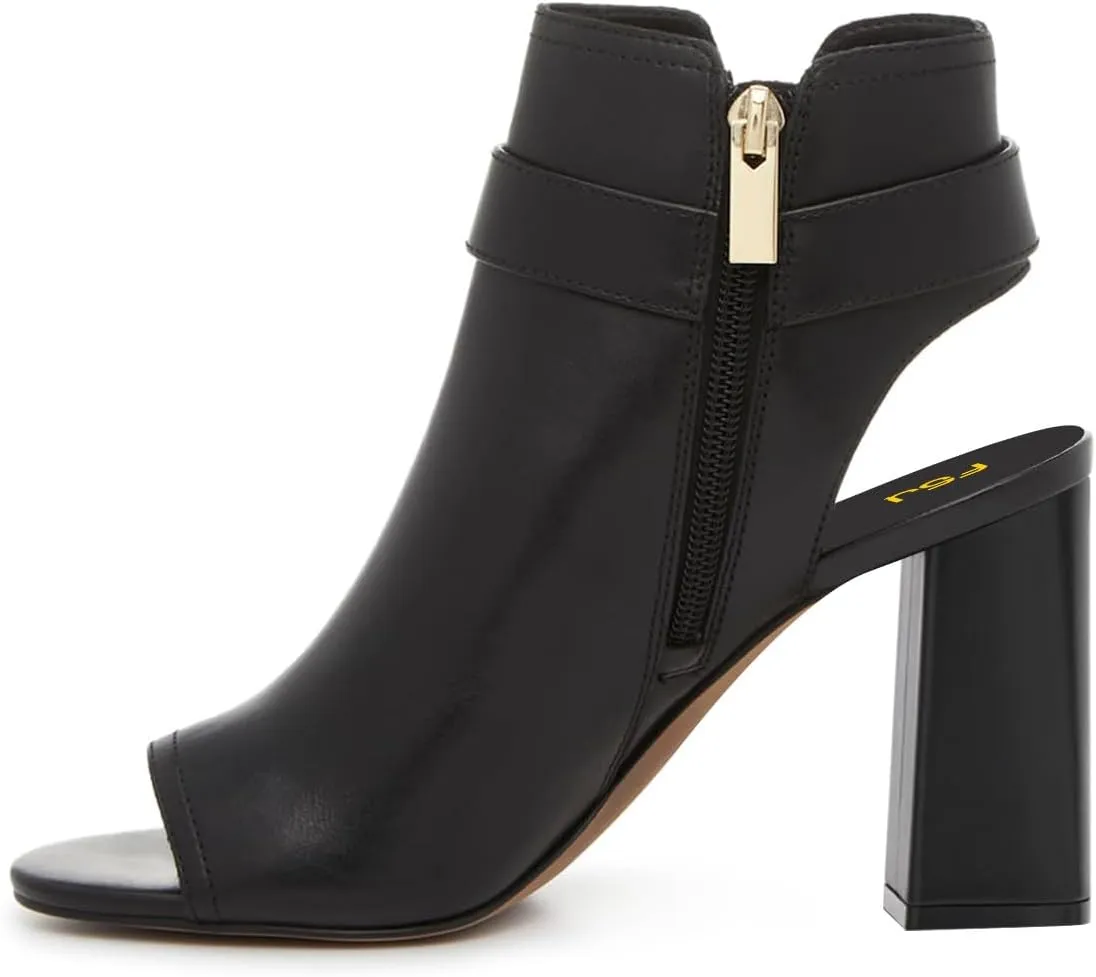 FSJ Women Peep Open Toe Ankle Booties Block Heel Metal Buckle High Heel Sandals Cutout Ankle Strap Zipper Cocktail Nightclub Pumps Shoes Size 4-16 US