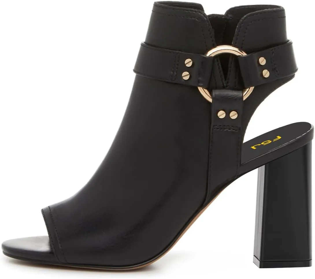 FSJ Women Peep Open Toe Ankle Booties Block Heel Metal Buckle High Heel Sandals Cutout Ankle Strap Zipper Cocktail Nightclub Pumps Shoes Size 4-16 US