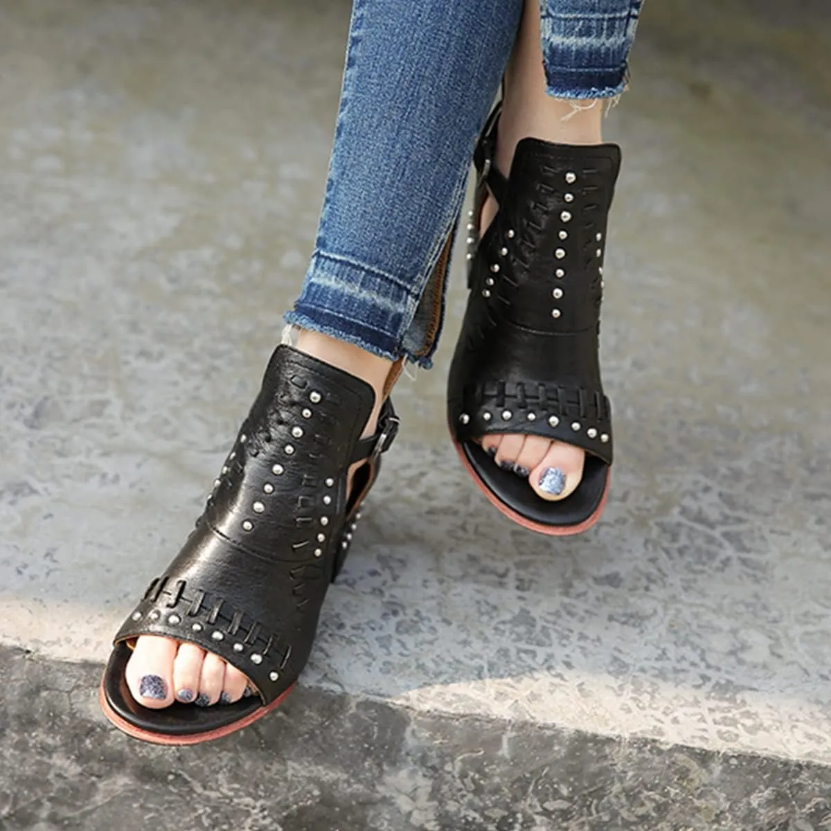 FSJ Women Peep Open Toe Boot Cut Out Buckle Ankle Bootie Comfortable Stacked Block Low Heeled Sandal Shoes Size 4-15 US
