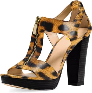 FSJ Women Peep Open Toe T-Strap Front Zipper Chunky Stacked High Heel Sandal Booties Platform Pumps Shoes Size 4-15 US