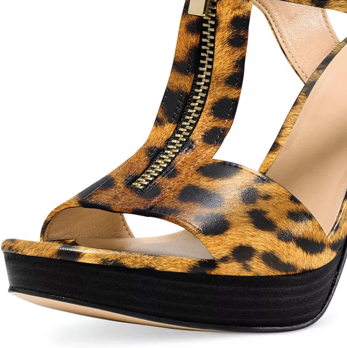 FSJ Women Peep Open Toe T-Strap Front Zipper Chunky Stacked High Heel Sandal Booties Platform Pumps Shoes Size 4-15 US